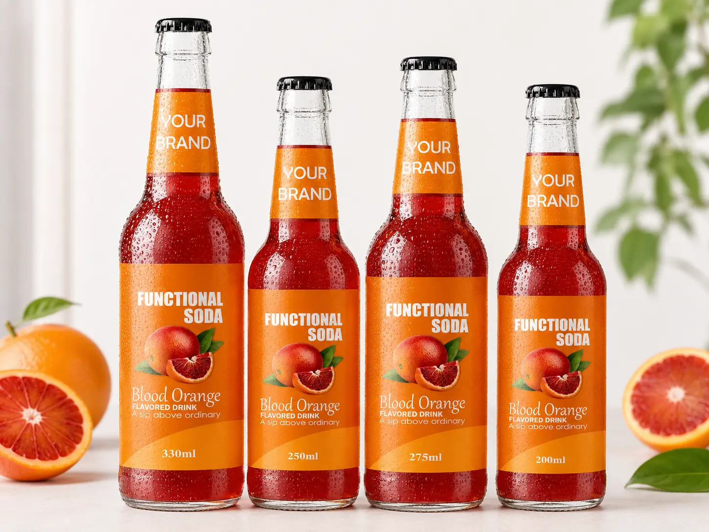 FUNCTIONAL SODA Blood Orange Flavored Drink in 200ml, 250ml, 275ml and 330ml glass bottles.